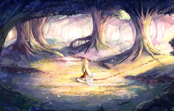 Picture forest, girl, trees, nature, blood, wings, angel, anime