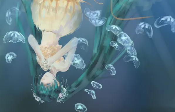 Picture water, girl, jellyfish, vocaloid, hatsune miku, green hair
