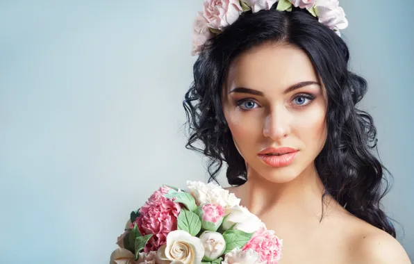 Picture look, flowers, face, portrait, bouquet, makeup, brunette, wreath
