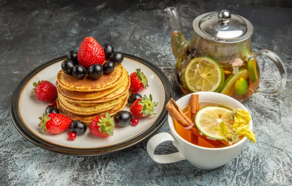 Berries, table, tea, kettle, strawberry, plate, grapes, the tea party