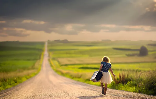 Road, the way, space, girl, suitcase