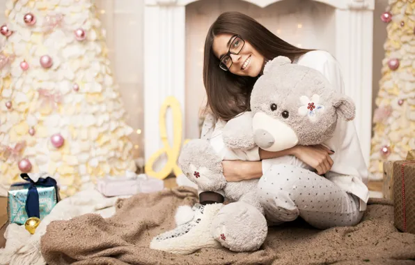 Picture girl, smile, toy, bear, brown hair