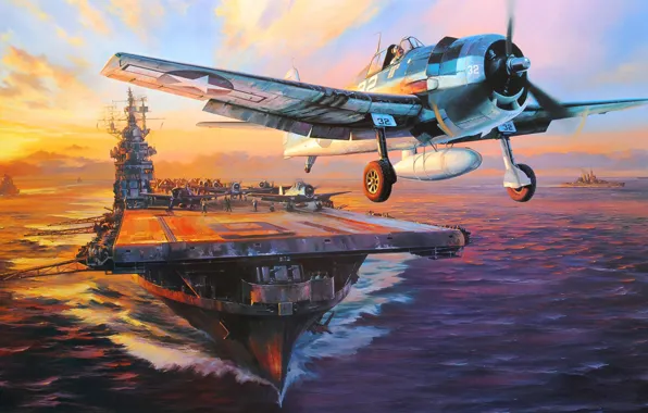 Picture war, art, airplane, painting, Nicolas Trudgian, ww2, carrier, F6F Hellcat