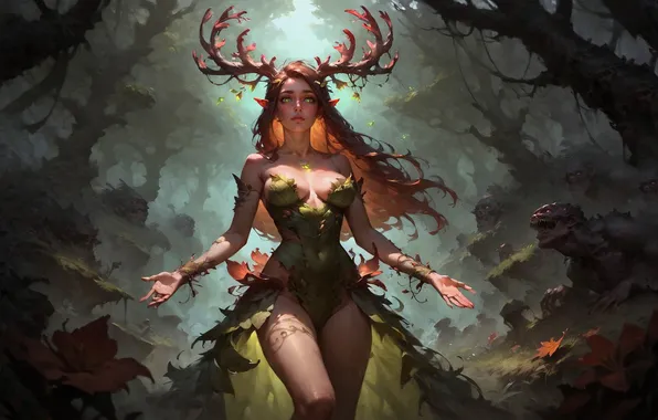 Forest, girl, fog, fairy, outfit, horns, the spirit of the forest, AI art