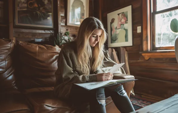 Girl, house, room, sofa, blonde, book, journal, sitting