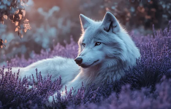 White, look, face, flowers, nature, glade, wolf, lies
