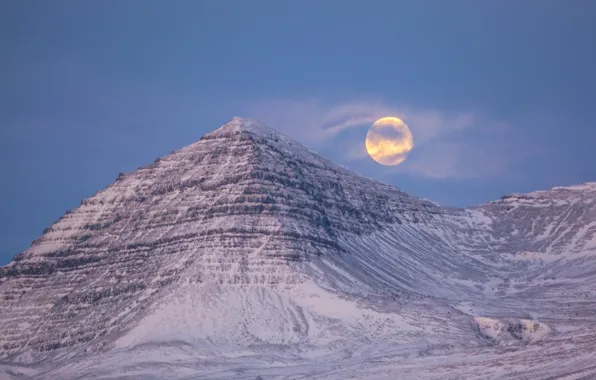 The sky, clouds, snow, night, the moon, mountain, haze, the full moon