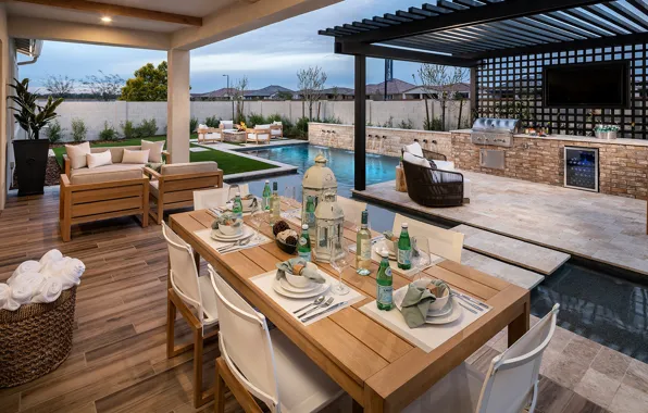 Interior, pool, AZ, terrace, dining room, grill, luxury home in Queen Creek, luxury house in …