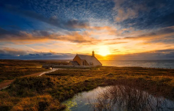 Sea, the sky, grass, the sun, clouds, light, sunset, shore