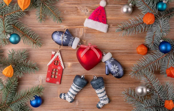 Balls, branches, heart, Board, Christmas, New year, socks, house