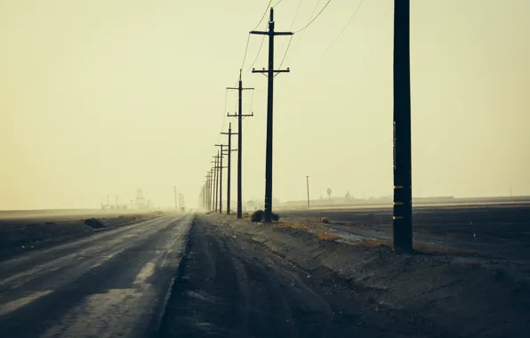 Road, landscape, posts, morning