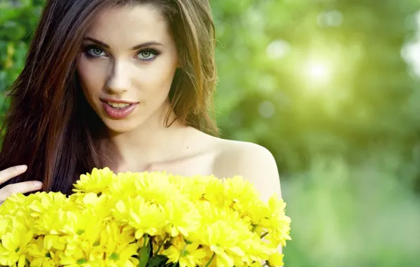 Picture green, girl, flower, green eyes, yellow, face, brunette, Woman