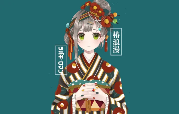 Girl, decoration, yukata, green background