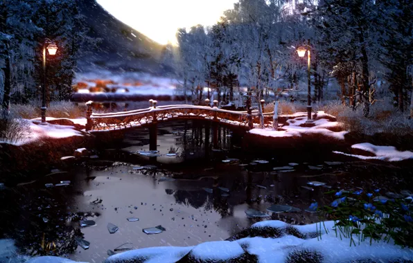 Frost, snow, trees, bridge, reflection, river, ice, lights