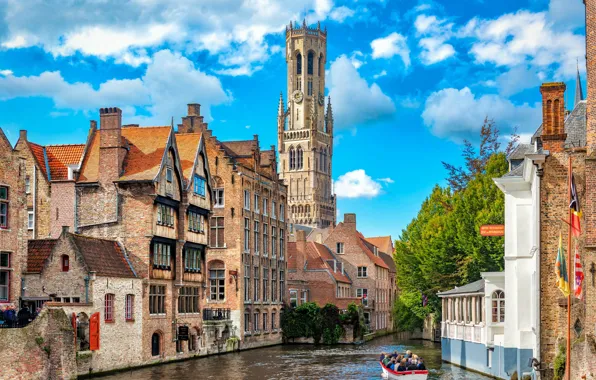 Boat, home, channel, Belgium, architecture, Bruges, Belfort