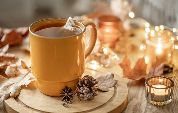 Picture autumn, tea, mug, Cup, garland, autumn leaves