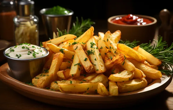 Greens, table, slide, sauce, slices, ketchup, tray, French fries