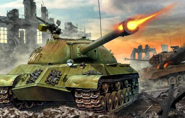 Picture war, shot, tank, ruins, Is-3