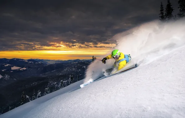 Snow, mountains, the descent, skier