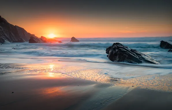 Sand, sea, wave, beach, the sky, foam, the sun, sunset