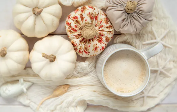 Milk, mug, pumpkin, fabric, drink, white, still life, light background