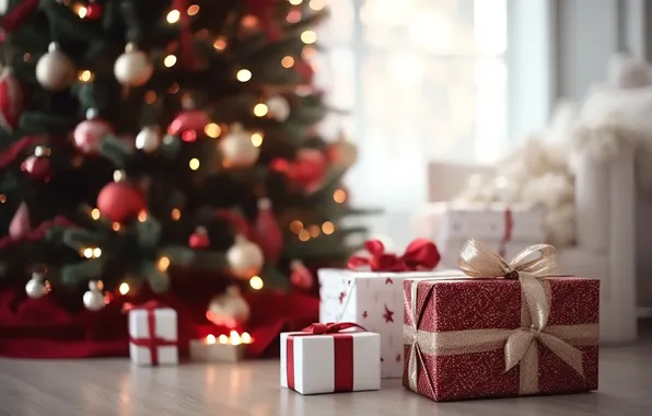 Balls, lights, room, window, Christmas, gifts, New year, bows
