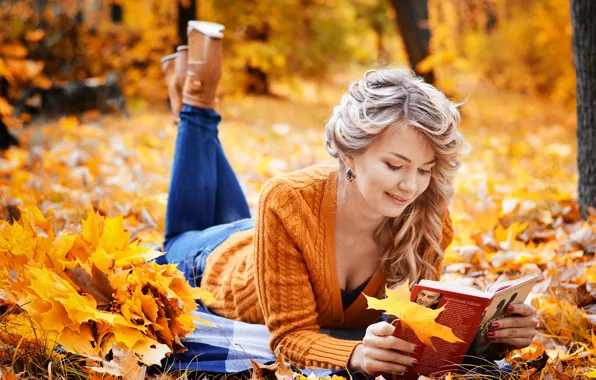 Picture autumn, girl, foliage, book