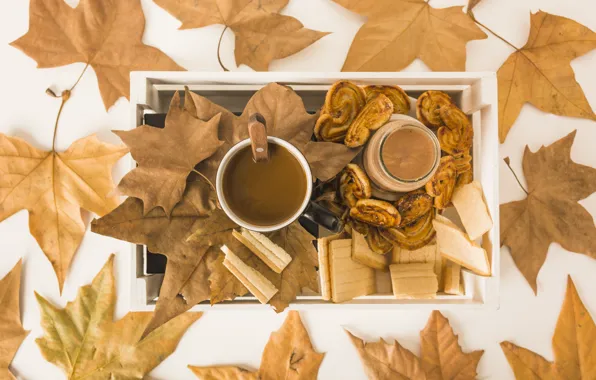 Picture autumn, leaves, background, tree, coffee, colorful, cookies, Cup