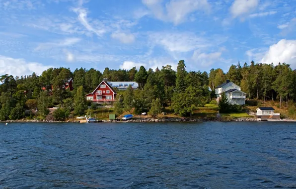 Picture river, shore, town, Sweden, Nacka