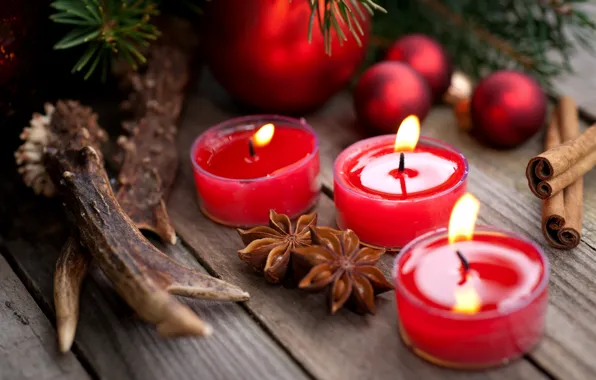Branches, balls, candles, New Year, red, cinnamon, holidays, Christmas