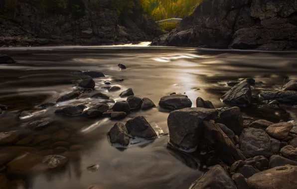 Picture autumn, stones, rocks, for, river, the bridge, pond, boulders