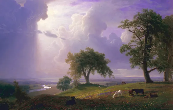 Trees, landscape, clouds, river, picture, Albert Bierstadt, Spring in California