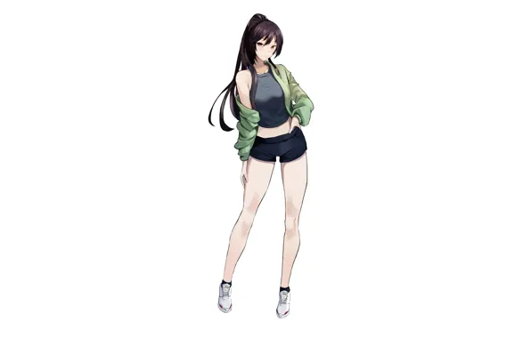 Girl, sexy, shorts, long hair, anime, beautiful, pretty, brunette