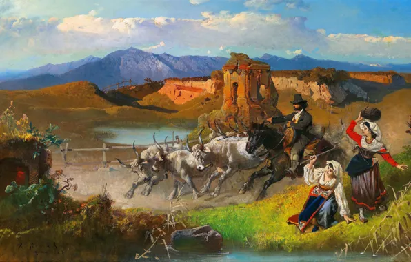 Girls, Mountains, Picture, Cows, Shepherd, Austrian painter, Anton Romako, Anton Romako