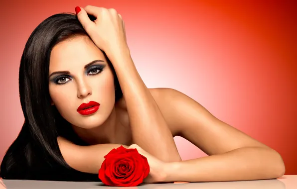 Picture look, flowers, red, pose, background, portrait, roses, makeup
