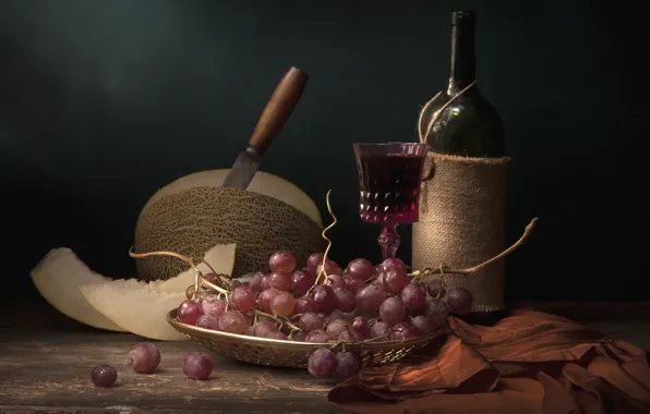 Picture wine, grapes, still life, melon