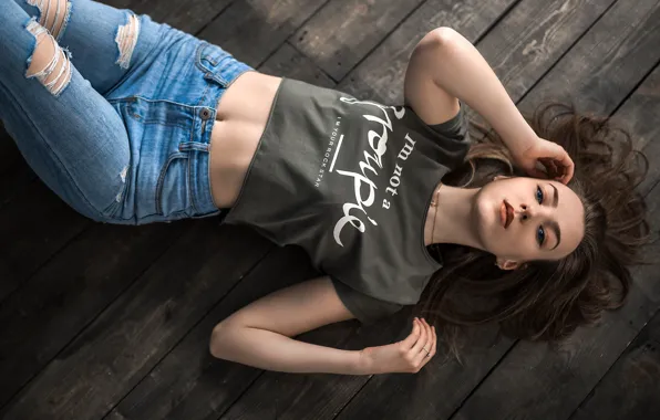 Girl, blue eyes, jeans, hair, look, t-shirt, torn jeans