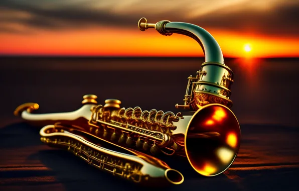 The sun, light, sunset, music, shore, gold plated, musical instrument, saxophone