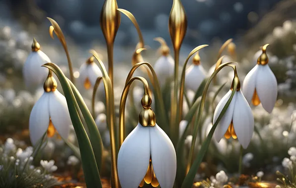 Flowers, nature, glade, spring, styling, snowdrops, white, gold plated