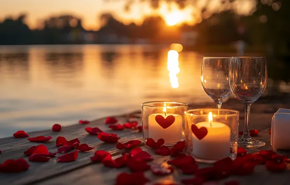 The sun, love, sunset, flowers, nature, lake, holiday, shore
