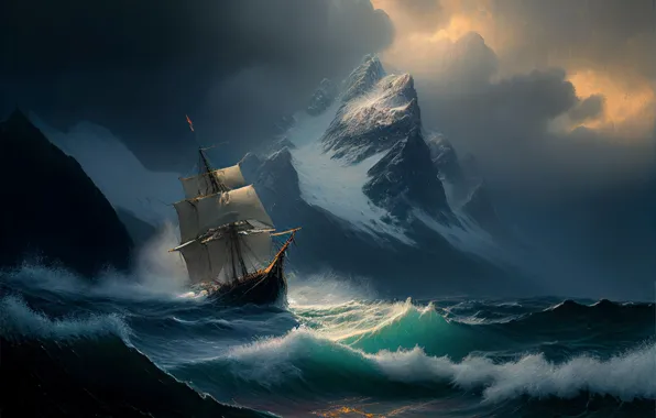 Nature, Sea, Rocks, Wave, Ship, Clouds, Storm, Sailboat