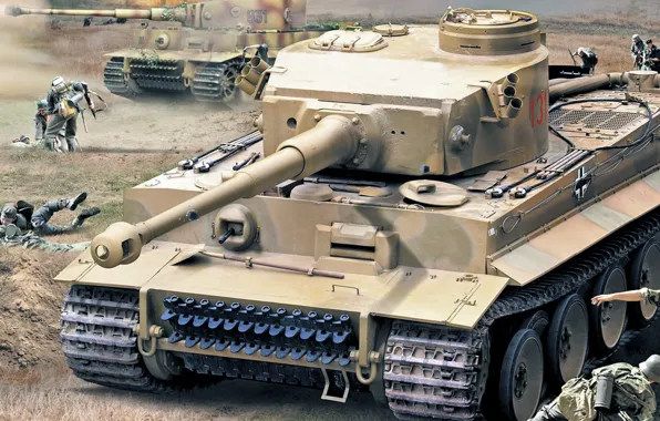War, figure, Tiger, battle, art, Panzerkampfwagen VI, Tiger I, German heavy tank