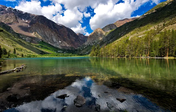 The sky, clouds, mountains, lake