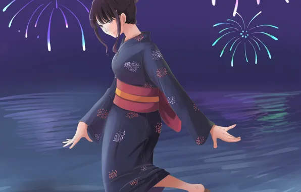 Girl, night, salute, fireworks