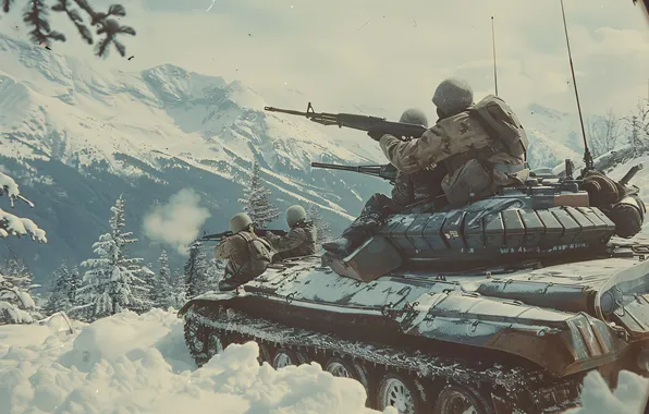 Winter, Mountains, Snow, Retro, Soldiers, Tank, Digital art, Machines