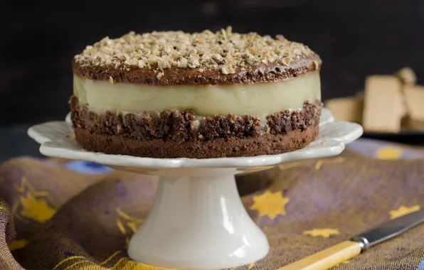 Chocolate, knife, cake, nuts, cream, dessert, cakes, delicious