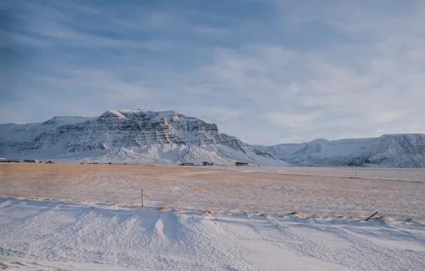 Winter, snow, mountains, rocks, view, waterfall