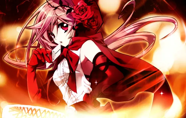 Picture spikes, bow, card, red coat, red roses, gloves elbow, anise yumamoto, Kiss of Rose Princess