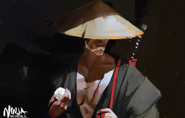 Katana, samurai, figure, Japanese clothing, art, arm, straw hat, Maciej Kuciara