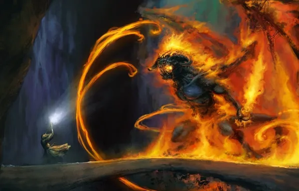 Bridge, fire, magic, monster, the Lord of the rings, art, MAG, cave